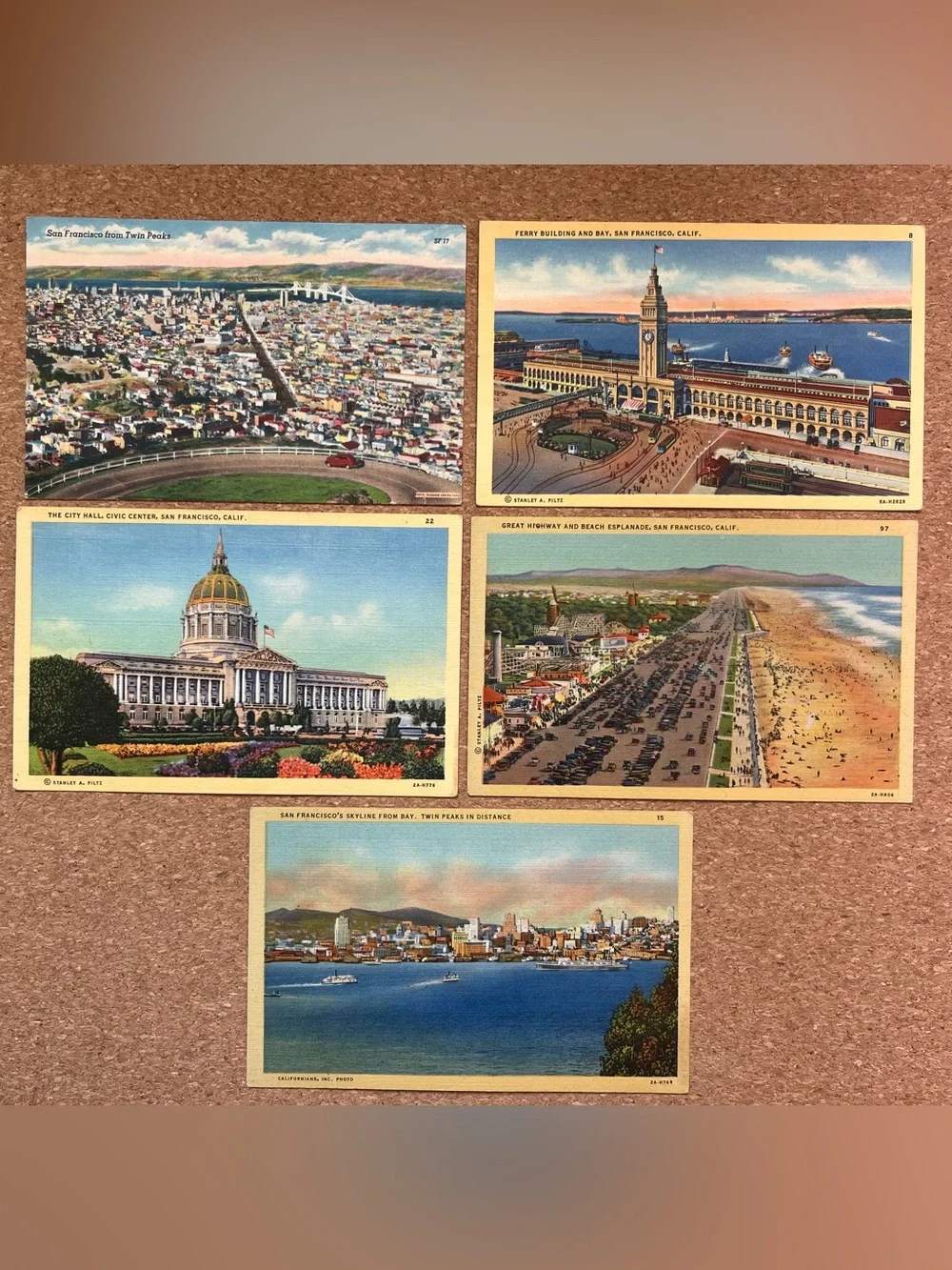 5 Vintage San Francisco Linen Postcards